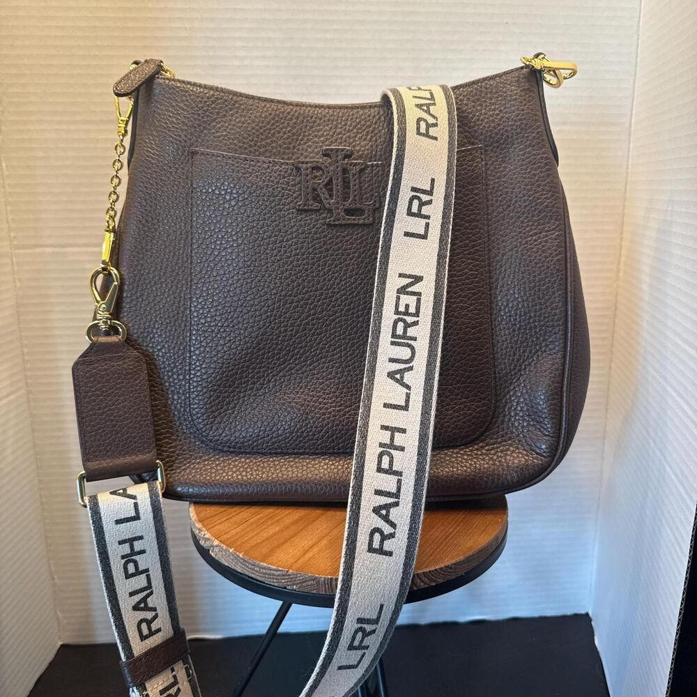 auren Ralph Lauren Cameryn pebbled leather crossbody bag in chocolate brown with